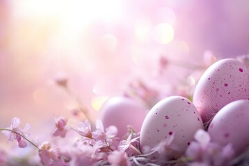 Beautiful Easter Eggs Among Delicate Pink Flowers