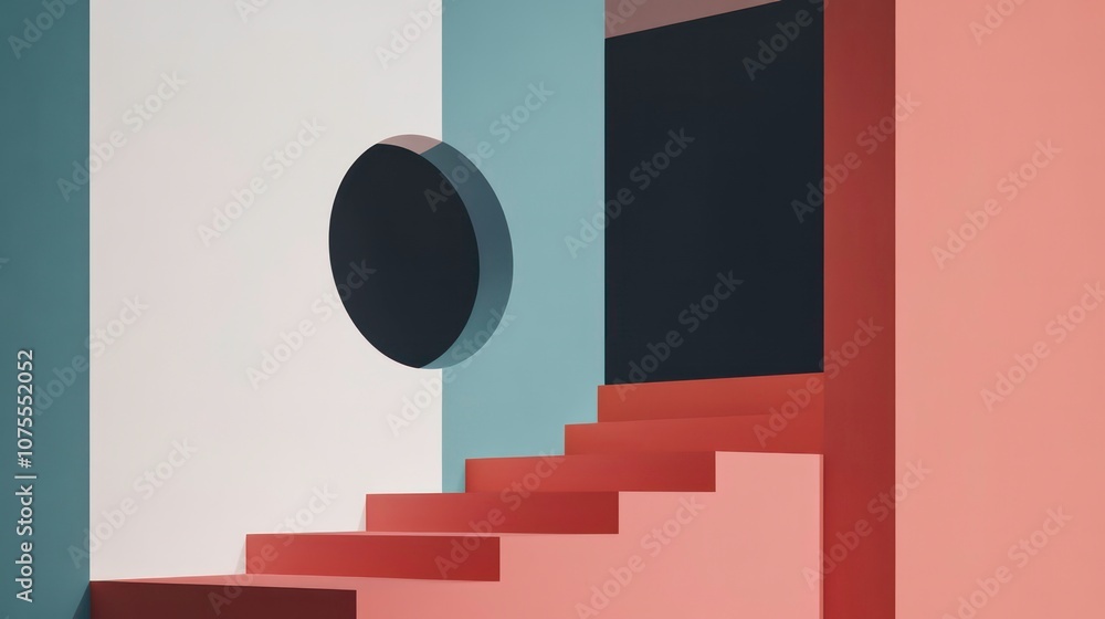 Poster abstract geometric background with colorful walls and a round window.