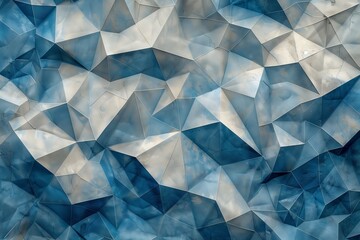 Naklejka premium Abstract geometric pattern with faceted, crystalline shapes in shades of blue and white, resembling ice or glass. Modern low-poly design with textured surfaces and a 3D effect