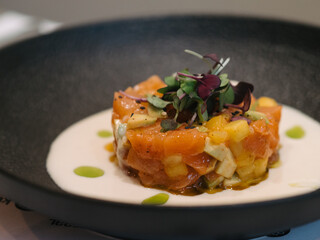 a plate of salmon tartare