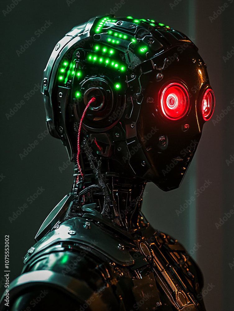 Poster a close-up of a robotic head with glowing green lights and red eyes, the robot is positioned against