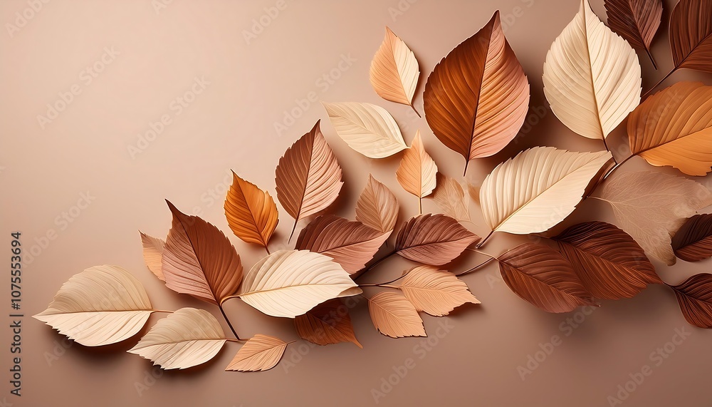 Poster beige and brown autumn leaves fall on a solid background in a minimalist design with si_1(890)