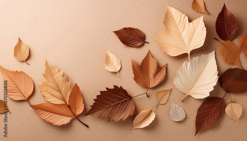 Poster  Beige and brown autumn leaves fall on a solid background in a minimalist design with simple_1(888)