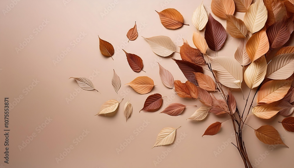 Poster beige and brown autumn leaves fall on a solid background in a minimalist design with simple_1(887)