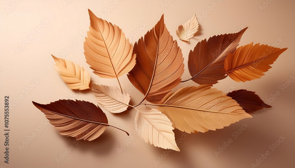 Poster beige and brown autumn leaves fall on a solid background in a minimalist design with simple_1(889)