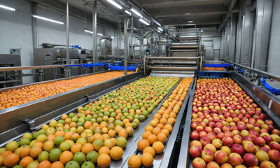 A factory processes oranges, limes, and apples on conveyor belts