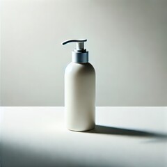 White pump bottle with soft shadows on a minimalist clean surface