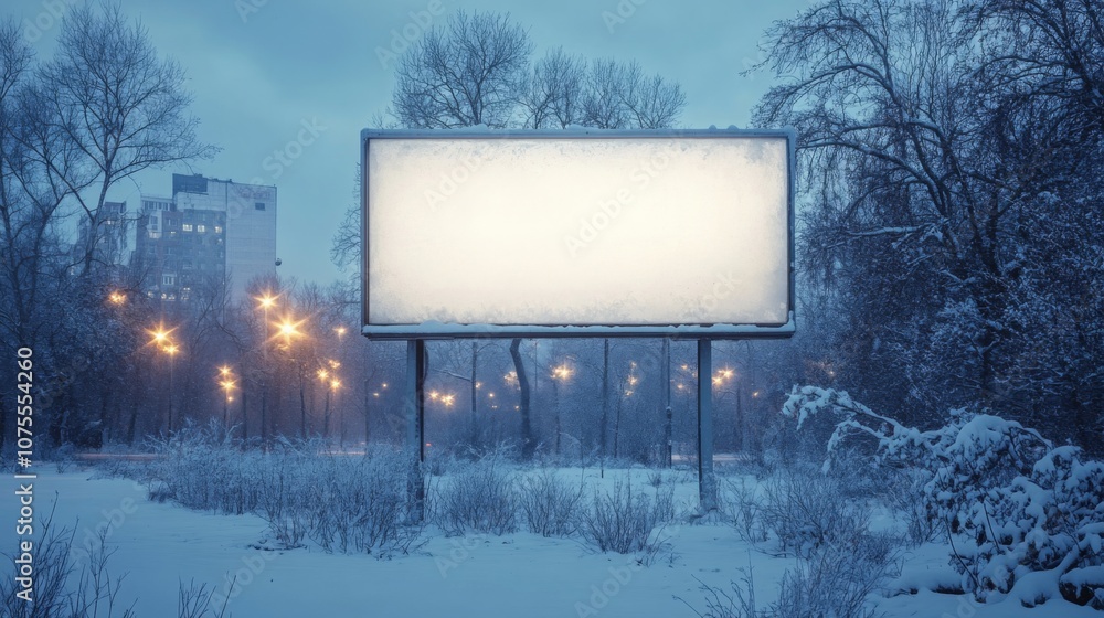 Poster the image shows a blank billboard in a snowy park at dusk. streetlights illuminate the snowy landsca