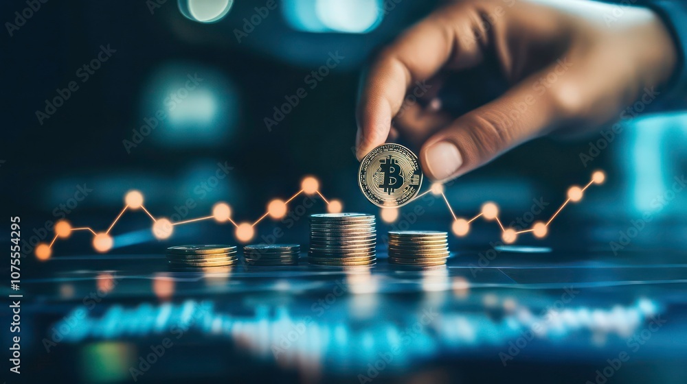 Aufkleber a hand places a bitcoin coin on top of a stack of coins, representing growth and investment in crypt
