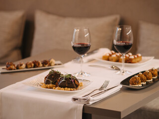 a set table for dinner in a restaurant