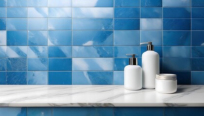  Beautiful bathroom scene featuring white marble countertop and blue tiles, perfect for a cl_1(880)