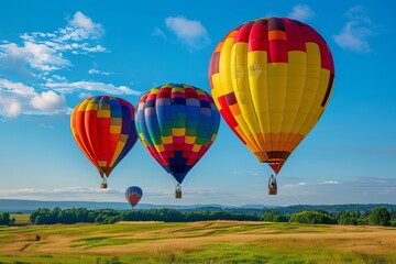 Fototapeta premium Four hot air balloons floating over a field, with a blue sky and clouds in the background