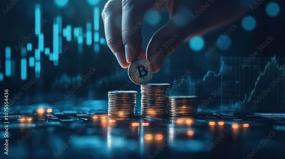 Poster a hand places a bitcoin coin on top of a stack of coins against a backdrop of a blue glowing stock c