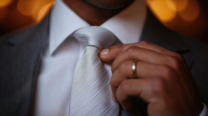 A close-up of a man adjusting his silver tie while wearing a formal suit, with warm bokeh background highlighting the elegance.
