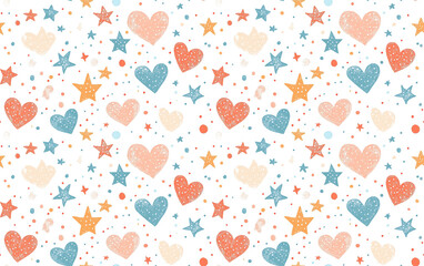 Colorful pattern featuring hearts and stars in pastel shades, ideal for crafts or children&rsquo;s decor. Seamless pattern
