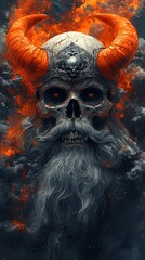 Obraz premium Fierce skull wearing Viking helmet with glowing eyes and braided beard