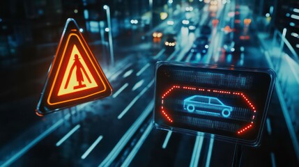 A futuristic traffic sign with a pedestrian warning and a car icon illuminates a city street at night.