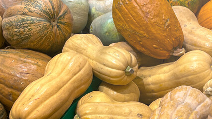 A pile of squash with some green and yellow ones. The squash are piled on top of each other
