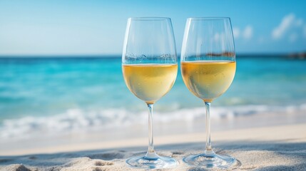 Two glasses of white wine on a sandy beach with blue ocean and sky in the background.