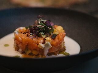 a plate of salmon tartare