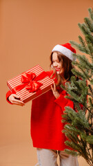 Young girl in red sweater and New Year's hat poses in studio on beige background