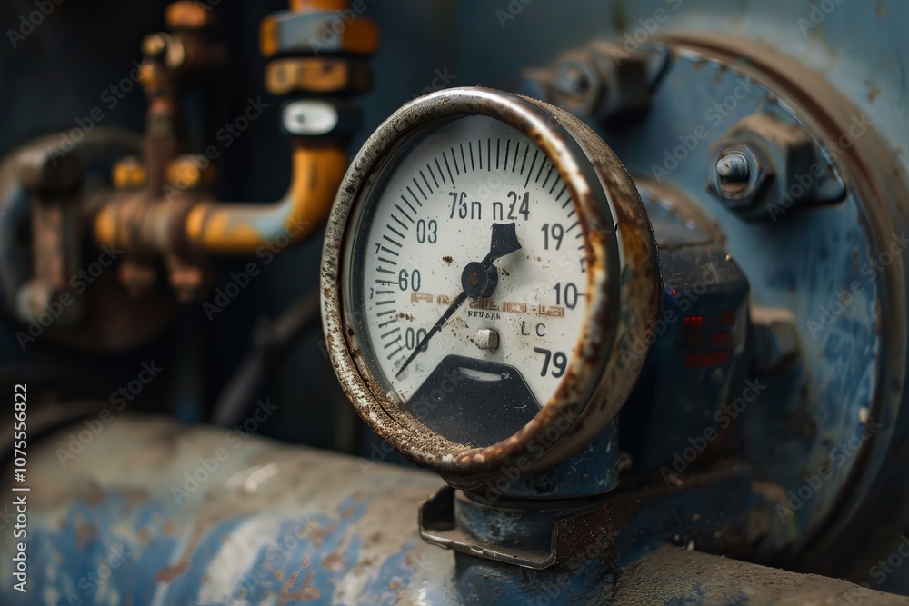 Poster close up of an old rusty pressure gauge measuring pressure in a pipeline