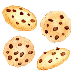 A watercolour drawing of chocolate chips cookies, hand drawn on a white background. set of illustrations perfect for design