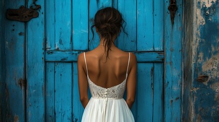 Naklejka premium A photograph capturing a woman dressed in a white dress from behind, standing in front of a blue wooden door, evoking a sense of curiosity and solitude in a rustic environment.