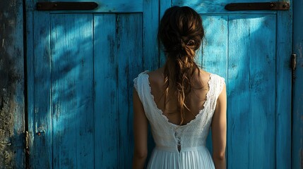 Obraz premium A photograph capturing a woman dressed in a white dress from behind, standing in front of a blue wooden door, evoking a sense of curiosity and solitude in a rustic environment.