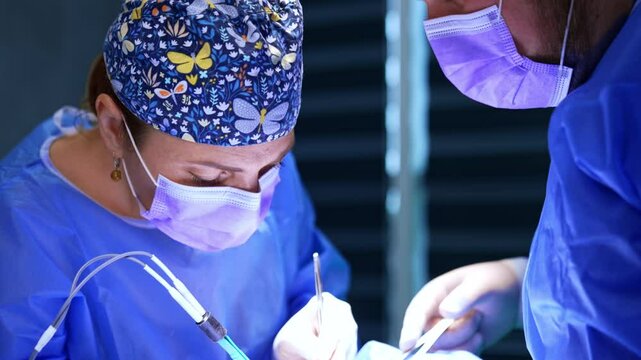 Female doctor wearing a cap with butterflies performs operation. Surgeon uses electric tool device and metal instrument. Close up.