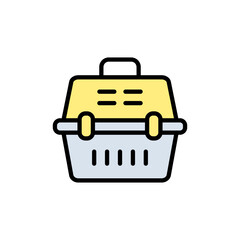 Pet carrier symbol. Comfortable animal travel. Cat carrier color vector icon. Cage cat and dog. Carrier crate. Animals. Isolated vector illustration.