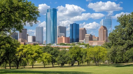 Fototapeta premium Sunny Skyline of Modern City with Lush Green Park