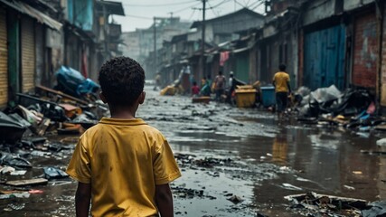 Young boy in slum area facing dirty, trash-laden streets with puddles and debris, capturing the gritty reality of life in impoverished urban settings