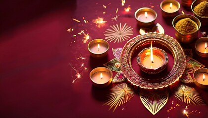  A traditional Diwali celebration features a maroon surface decorated with gold motifs, oil _1(712)
