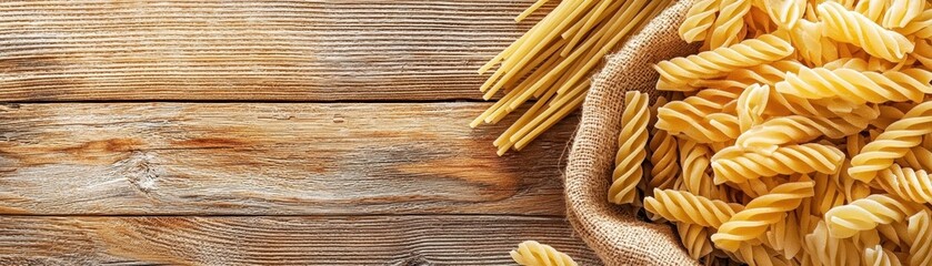 A close-up of various pasta types displayed on a rustic wooden surface, showcasing their unique shapes and textures, ideal for culinary enjoyment.