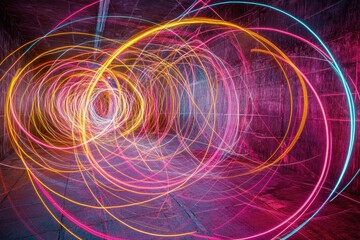 A series of colorful, glowing circles are arranged in a spiral pattern. The colors are bright and vibrant, creating a sense of energy and excitement