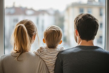 Young family looking out of window at their new home, real estate purchase, investment