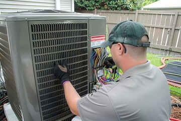 Hvac technician wearing work gloves is inspecting an air conditioner condenser unit