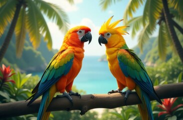 Two exotic parrots are sitting on a branch against the background of palm trees and the sea