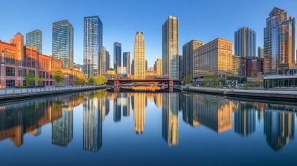 Obraz premium Reflection of Chicago Skyline at Sunrise