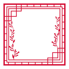 赤い格子と植物のフレームイラスト