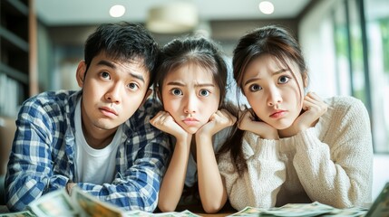 Obraz premium Asian families are struggling with the rising cost of living. They face high bills, debt, and loan payments. Young couples are worried about money and feel stressed by the rising taxes.