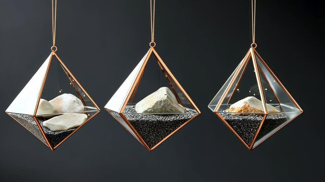 Three glass and copper ornaments hang against a dark background, each containing a small rock and black sand