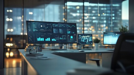 A modern office desk with three computer monitors displaying various graphs and charts, illuminated by the night city lights.