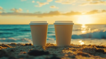 Two coffee cups on the beach at sunset.