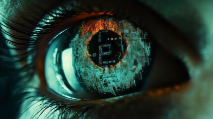 A close-up of a human eye with a digital circuit board reflected in the iris, evoking themes of technology and the future.