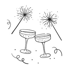 Glasses of champagne with bubbles and sparkles. Hand drawn festive New Year illustration for poster, card, invitation