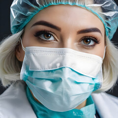 Close-up portrait of a beautiful young female doctor in a medical mask.