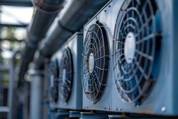 Industrial air conditioning units blowing cool air outside on a building roof