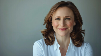 Fototapeta premium Retrato de mujer sonriente con camisa blanca en fondo neutro